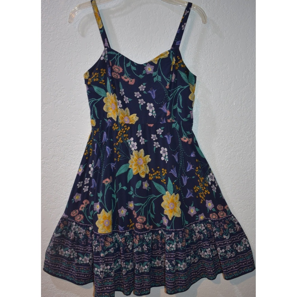 Old Navy Womens SMALL Smocked Back Ruffle Hem Cami Sun Dress Navy Blue Floral